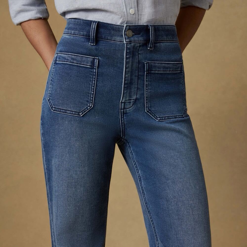 Women’s Faherty Terry Patch Pocket High Waist Wide Leg Blue Denim Jeans  (0903)